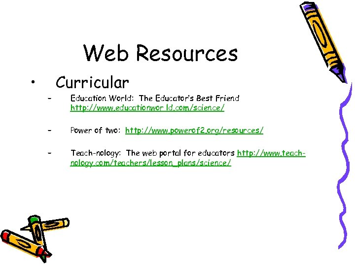 Web Resources • – Curricular Education World: The Educator’s Best Friend http: //www. educationwor