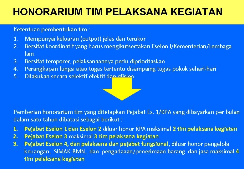 HONORARIUM TIM PELAKSANA KEGIATAN Ketentuan pembentukan tim : 1. Mempunyai keluaran (output) jelas dan