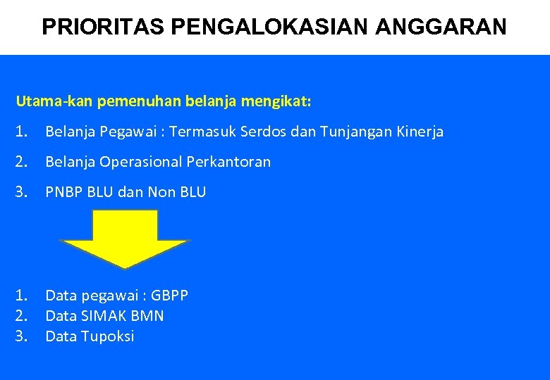 PRIORITAS PENGALOKASIAN ANGGARAN Utama-kan pemenuhan belanja mengikat: 1. Belanja Pegawai : Termasuk Serdos dan