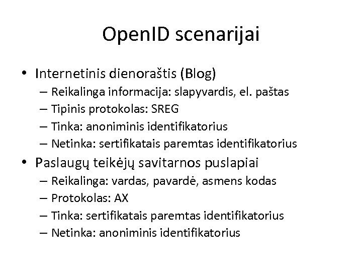 Open. ID scenarijai • Internetinis dienoraštis (Blog) – Reikalinga informacija: slapyvardis, el. paštas –