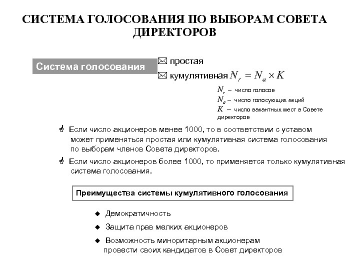 СИСТЕМА ГОЛОСОВАНИЯ ПО ВЫБОРАМ СОВЕТА ДИРЕКТОРОВ Система голосования простая кумулятивная Nr – Na –