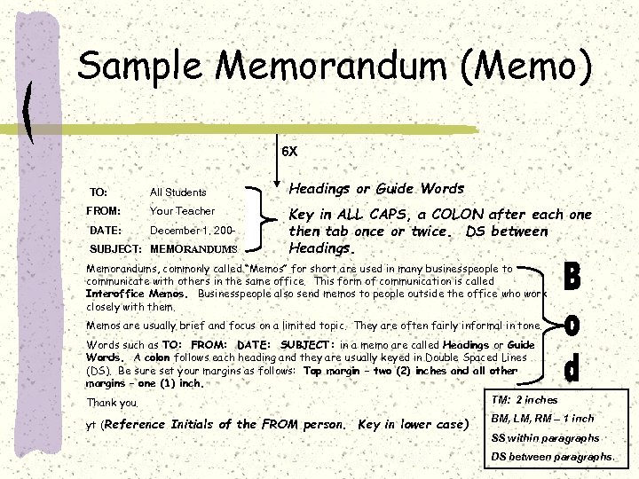 Sample Memorandum (Memo) 6 X TO: All Students FROM: Your Teacher DATE: December 1,