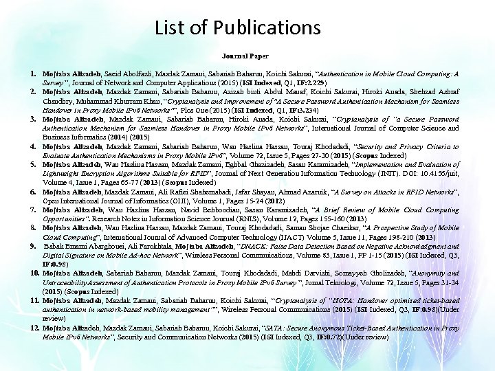 List of Publications Journal Paper 1. Mojtaba Alizadeh, Saeid Abolfazli, Mazdak Zamani, Sabariah Baharun,