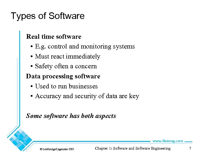 Types of Software Real time software • E. g. control and monitoring systems •