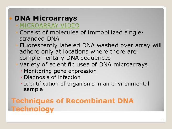  DNA Microarrays ◦ MICROARRAY VIDEO ◦ Consist of molecules of immobilized single stranded