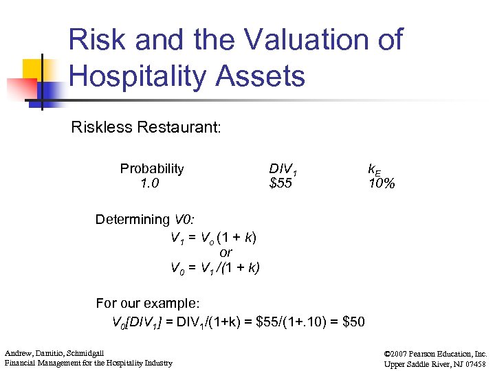 Risk and the Valuation of Hospitality Assets Riskless Restaurant: Probability 1. 0 DIV 1