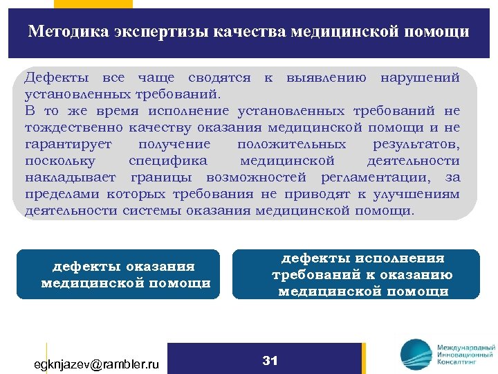 Методика экспертизы качества медицинской помощи Дефекты все чаще сводятся к выявлению нарушений установленных требований.