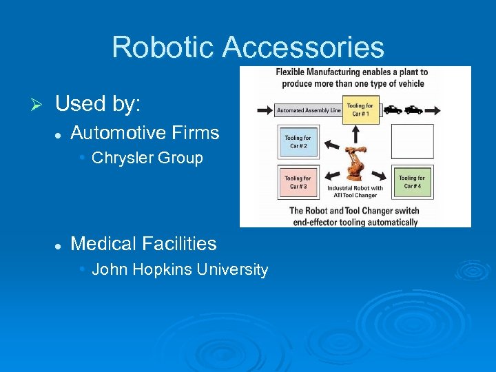 Robotic Accessories Ø Used by: l Automotive Firms • Chrysler Group l Medical Facilities