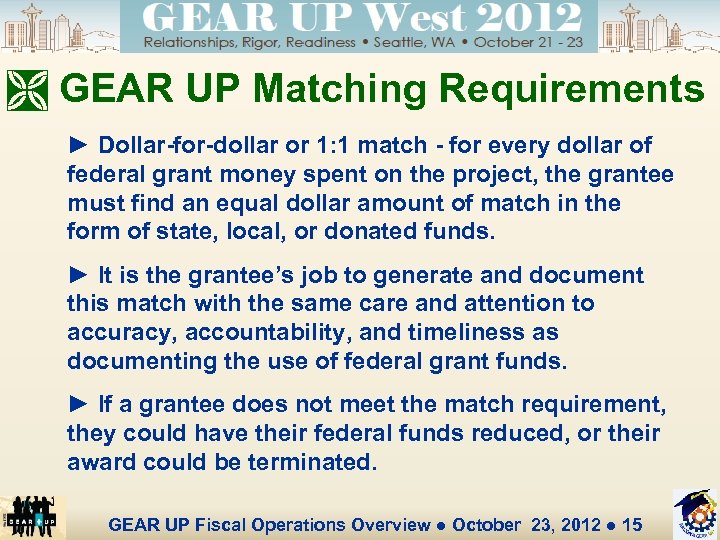 Ì GEAR UP Matching Requirements ► Dollar-for-dollar or 1: 1 match - for every