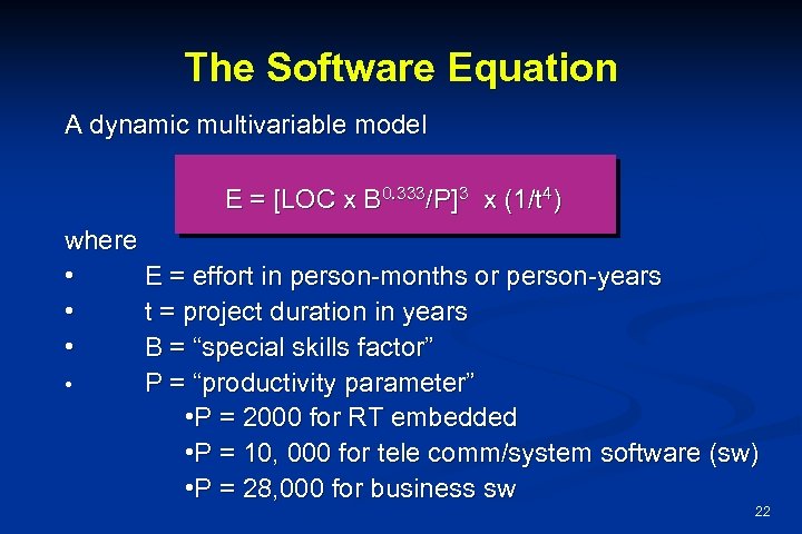 The Software Equation A dynamic multivariable model E = [LOC x B 0. 333/P]3