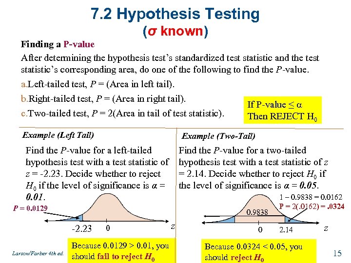 7. 2 Hypothesis Testing (σ known) Finding a P-value After determining the hypothesis test’s