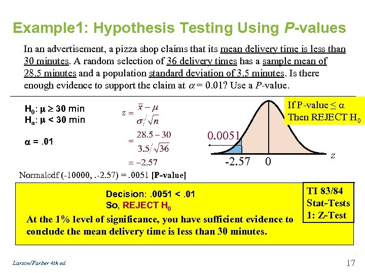 Example 1: Hypothesis Testing Using P-values In an advertisement, a pizza shop claims that