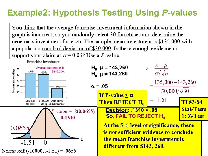 Example 2: Hypothesis Testing Using P-values You think that the average franchise investment information