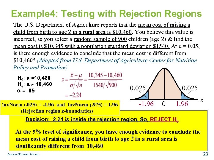 Example 4: Testing with Rejection Regions The U. S. Department of Agriculture reports that