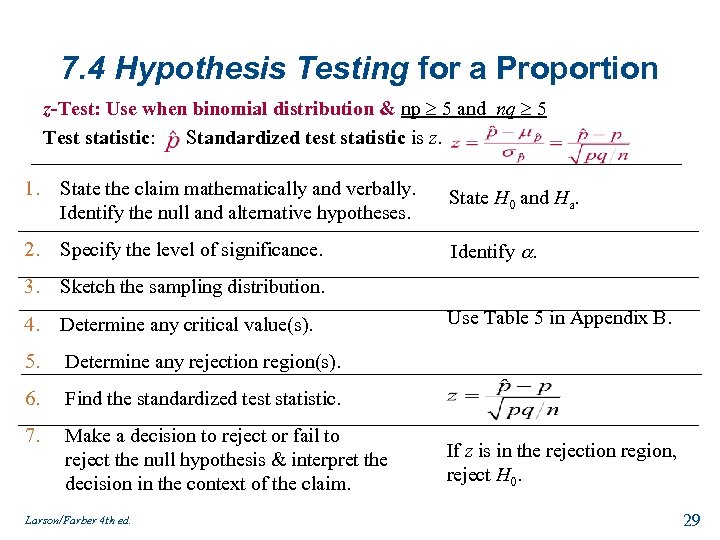 7. 4 Hypothesis Testing for a Proportion z-Test: Use when binomial distribution & np