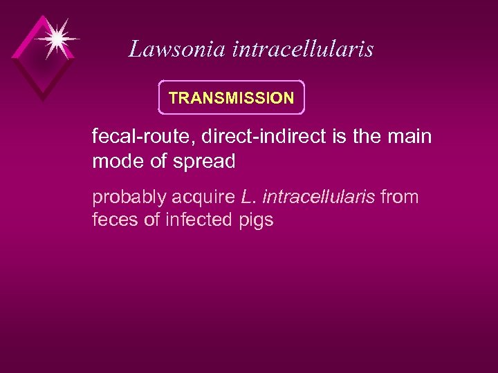 Lawsonia intracellularis TRANSMISSION fecal-route, direct-indirect is the main mode of spread probably acquire L.