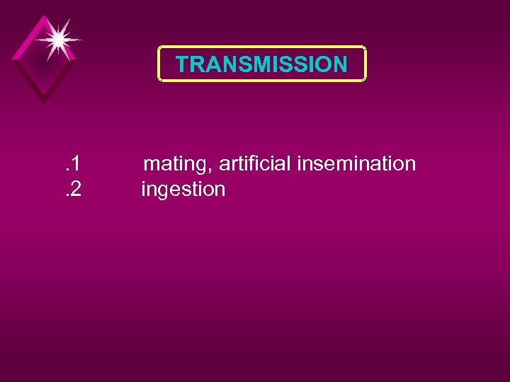 TRANSMISSION . 1. 2 mating, artificial insemination ingestion 