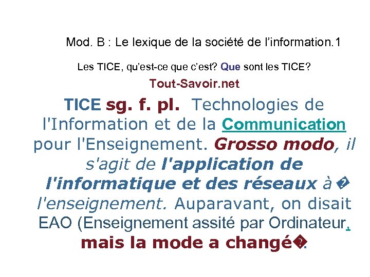 Mod. B : Le lexique de la société de l’information. 1 Les TICE, qu’est-ce