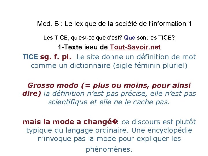 Mod. B : Le lexique de la société de l’information. 1 Les TICE, qu’est-ce