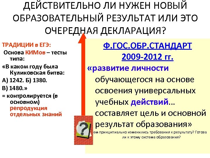 ДЕЙСТВИТЕЛЬНО ЛИ НУЖЕН НОВЫЙ ОБРАЗОВАТЕЛЬНЫЙ РЕЗУЛЬТАТ ИЛИ ЭТО ОЧЕРЕДНАЯ ДЕКЛАРАЦИЯ? ТРАДИЦИИ в ЕГЭ: Традиционный