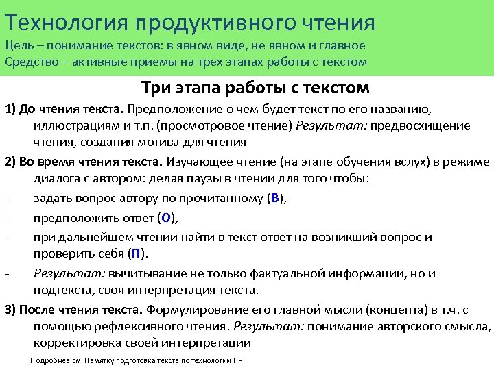 Технология продуктивного чтения Цель – понимание текстов: в явном виде, не явном и главное