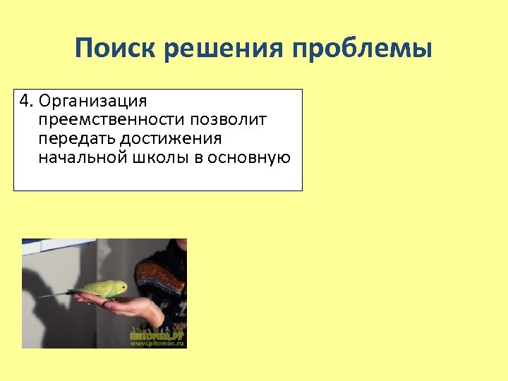 Поиск решения проблемы 4. Организация преемственности позволит передать достижения начальной школы в основную 