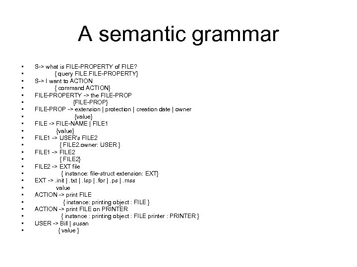 A semantic grammar • • • • • • S-> what is FILE-PROPERTY of