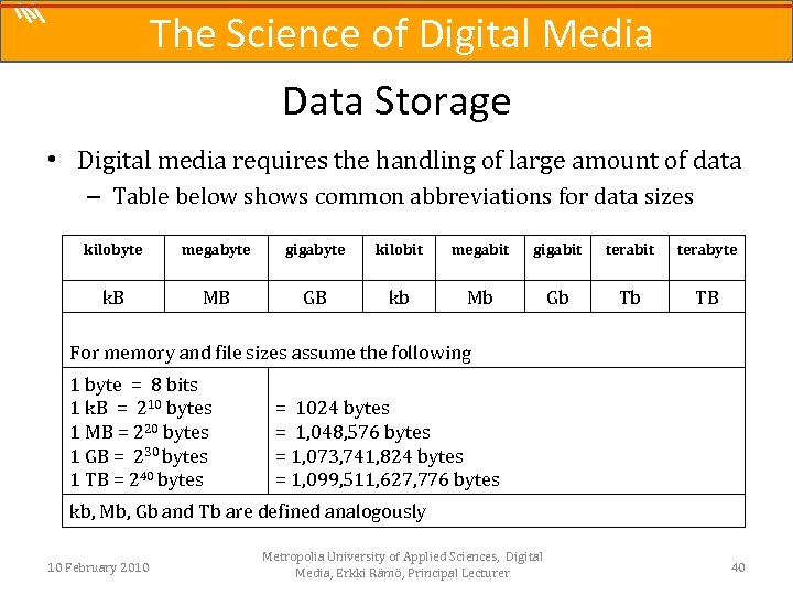 The Science of Digital Media Data Storage • Digital media requires the handling of