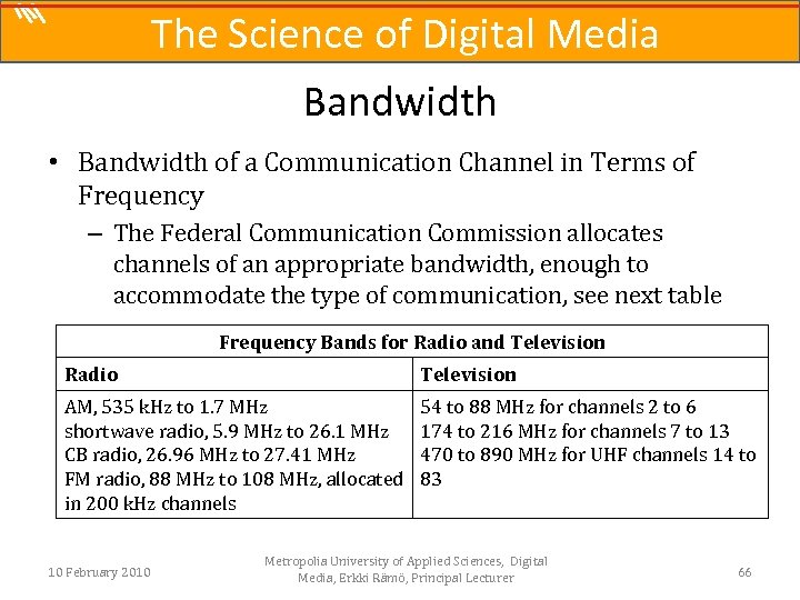 The Science of Digital Media Bandwidth • Bandwidth of a Communication Channel in Terms