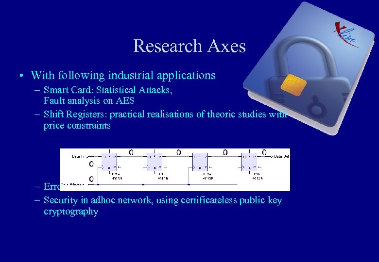 Research Axes • With following industrial applications – Smart Card: Statistical Attacks, Fault analysis
