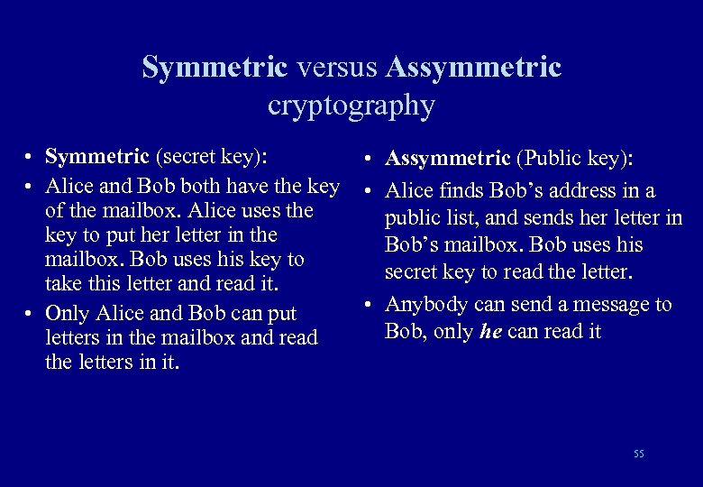 Symmetric versus Assymmetric cryptography • Symmetric (secret key): • Assymmetric (Public key): • Alice