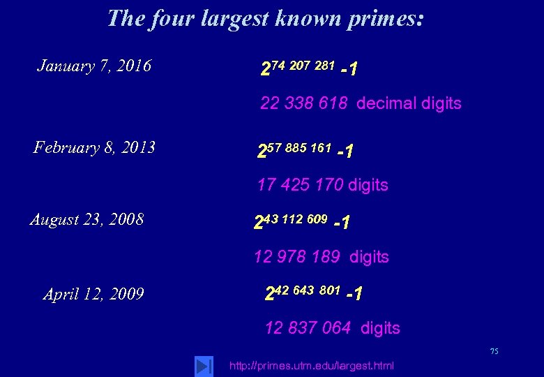 The four largest known primes: January 7, 2016 274 207 281 -1 22 338