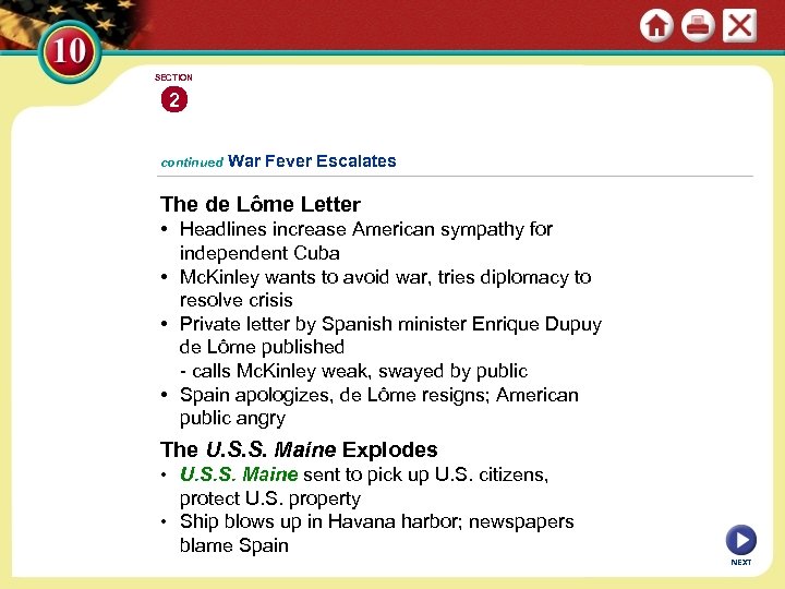 SECTION 2 continued War Fever Escalates The de Lôme Letter • Headlines increase American