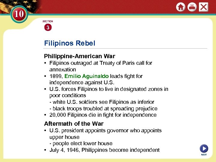SECTION 3 Filipinos Rebel Philippine-American War • Filipinos outraged at Treaty of Paris call