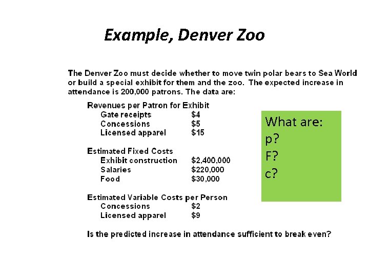 Example, Denver Zoo What are: p? F? c? 