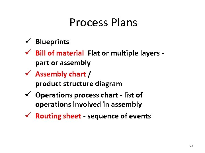 Process Plans ü Blueprints ü Bill of material Flat or multiple layers part or