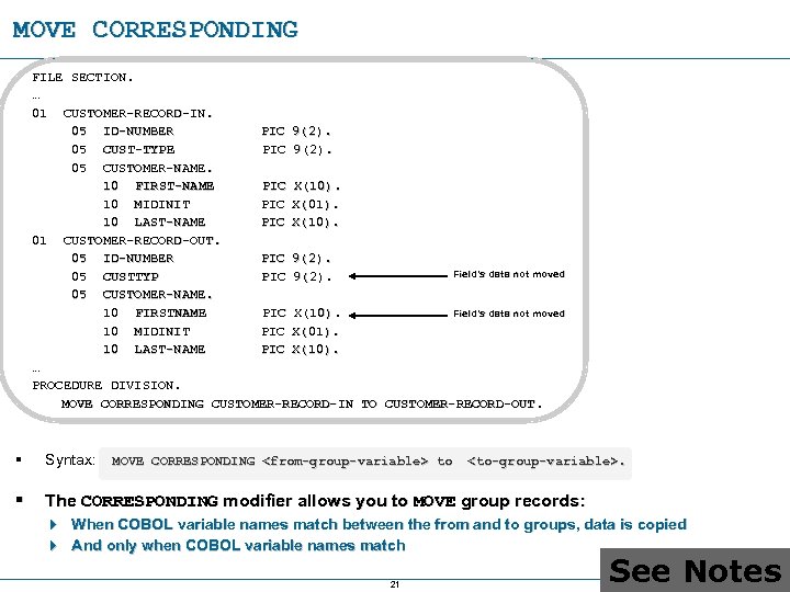 MOVE CORRESPONDING FILE SECTION. … 01 CUSTOMER-RECORD-IN. 05 ID-NUMBER PIC 9(2). 05 CUST-TYPE PIC