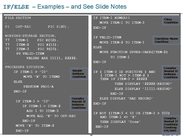 IF/ELSE – Examples – and See Slide Notes IF/ELSE FILE SECTION … 01 OUT-REC