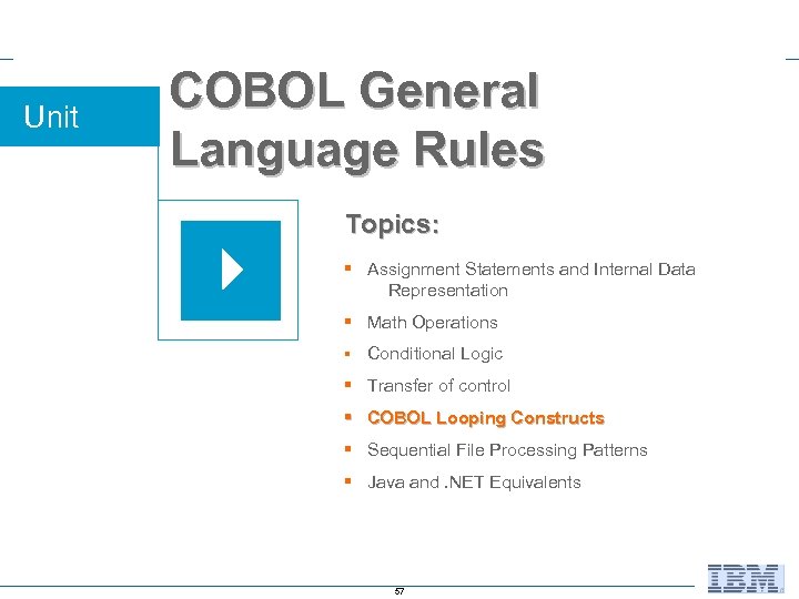 Unit COBOL General Language Rules Topics: § Assignment Statements and Internal Data Representation §