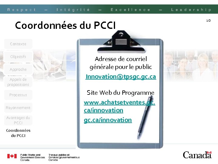 Coordonnées du PCCI Contexte Objectifs Approche Appels de propositions Processus Rayonnement Avantages du PCCI