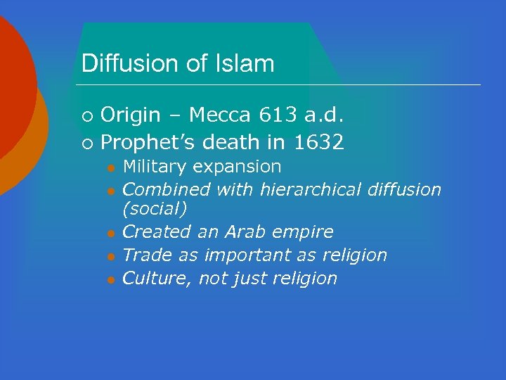 Diffusion of Islam Origin – Mecca 613 a. d. ¡ Prophet’s death in 1632