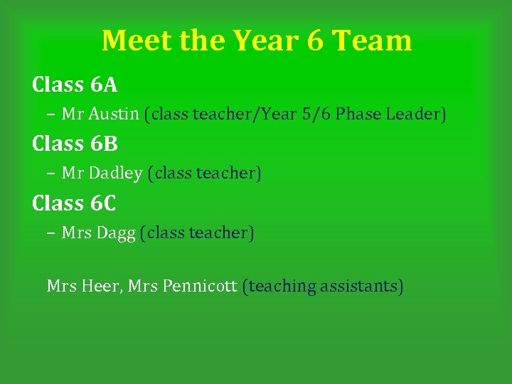 Meet the Year 6 Team Class 6 A – Mr Austin (class teacher/Year 5/6