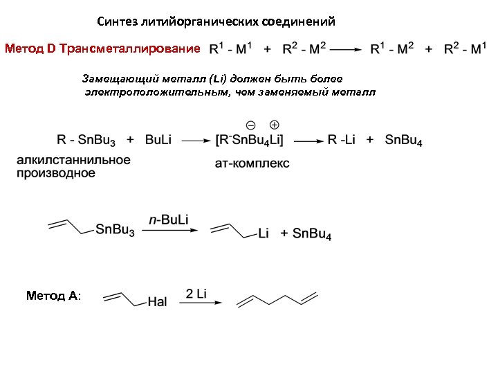 Синтез литийорганических соединений Метод D Трансметаллирование Замещающий металл (Li) должен быть более электроположительным, чем