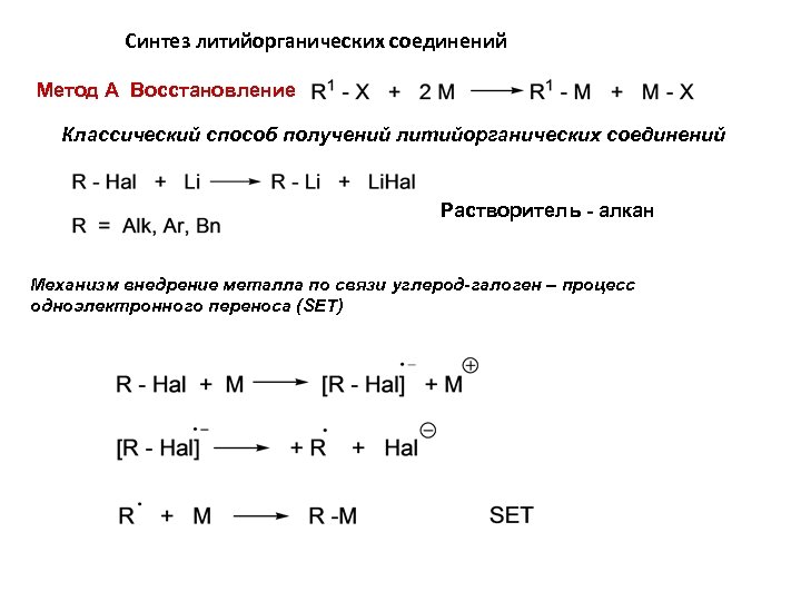 Синтез литийорганических соединений Метод А Восстановление Классический способ получений литийорганических соединений Растворитель - алкан