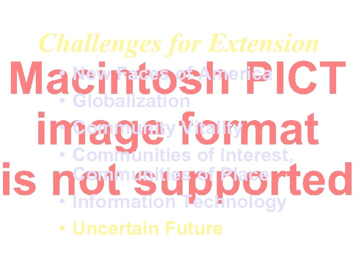 Challenges for Extension • • New Faces of America Globalization Community Vitality Communities of