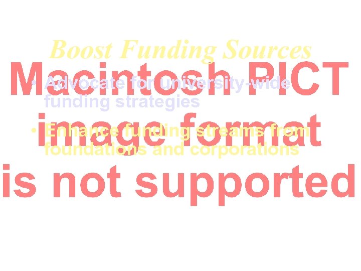 Boost Funding Sources • Advocate for university-wide funding strategies • Enhance funding streams from