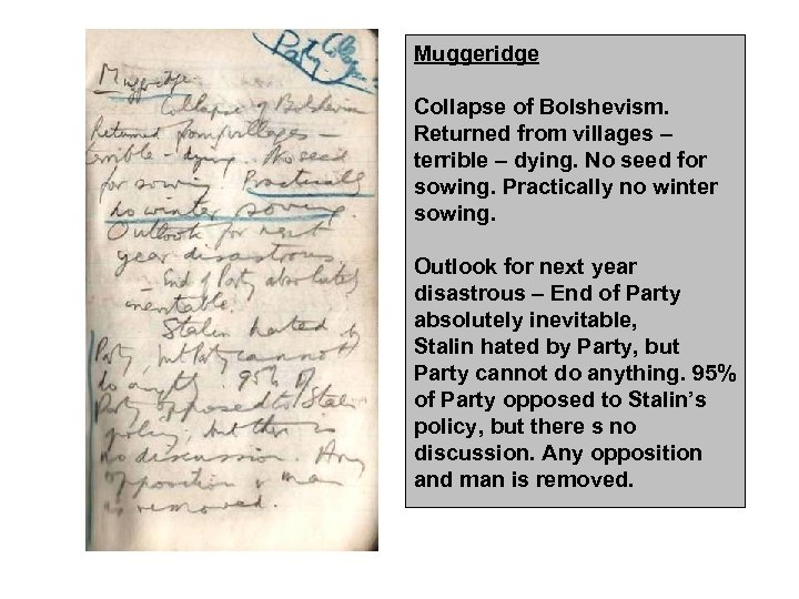 Muggeridge Collapse of Bolshevism. Returned from villages – terrible – dying. No seed for