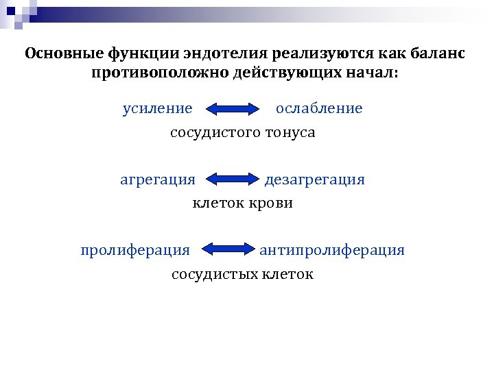 Основные функции эндотелия реализуются как баланс противоположно действующих начал: усиление ослабление сосудистого тонуса агрегация