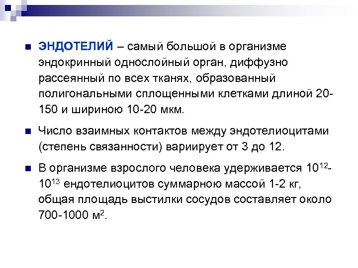 n ЭНДОТЕЛИЙ – самый большой в организме эндокринный однослойный орган, диффузно рассеянный по всех