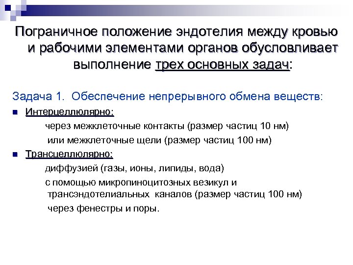Пограничное положение эндотелия между кровью и рабочими элементами органов обусловливает выполнение трех основных задач: